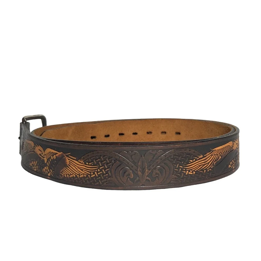 VTG Wrangler Belt Mens‎ 44 Tooled Genuine Leather American Bald Eagle Brown